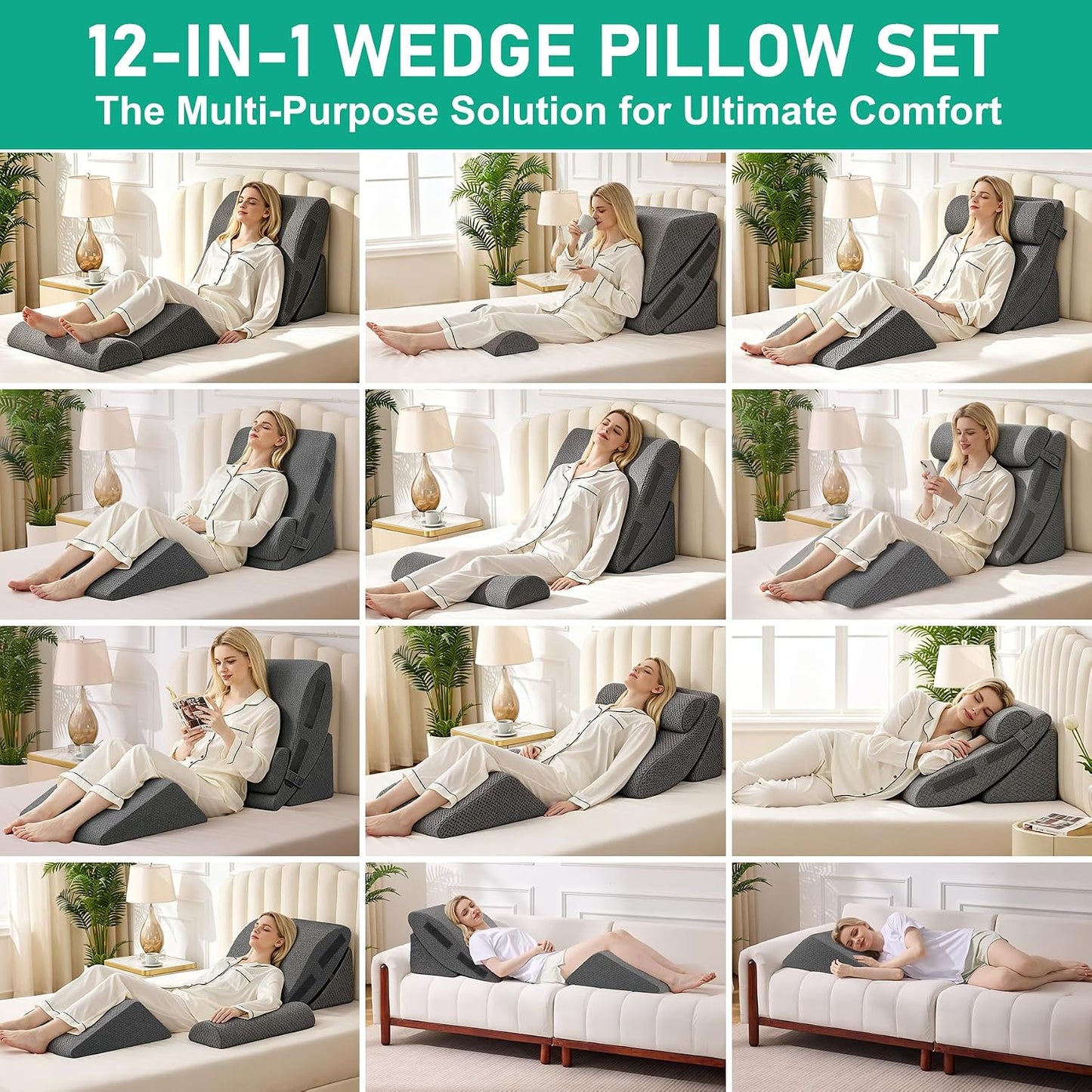4PCS Wedge Pillow Set for After Surgery, White/Grey