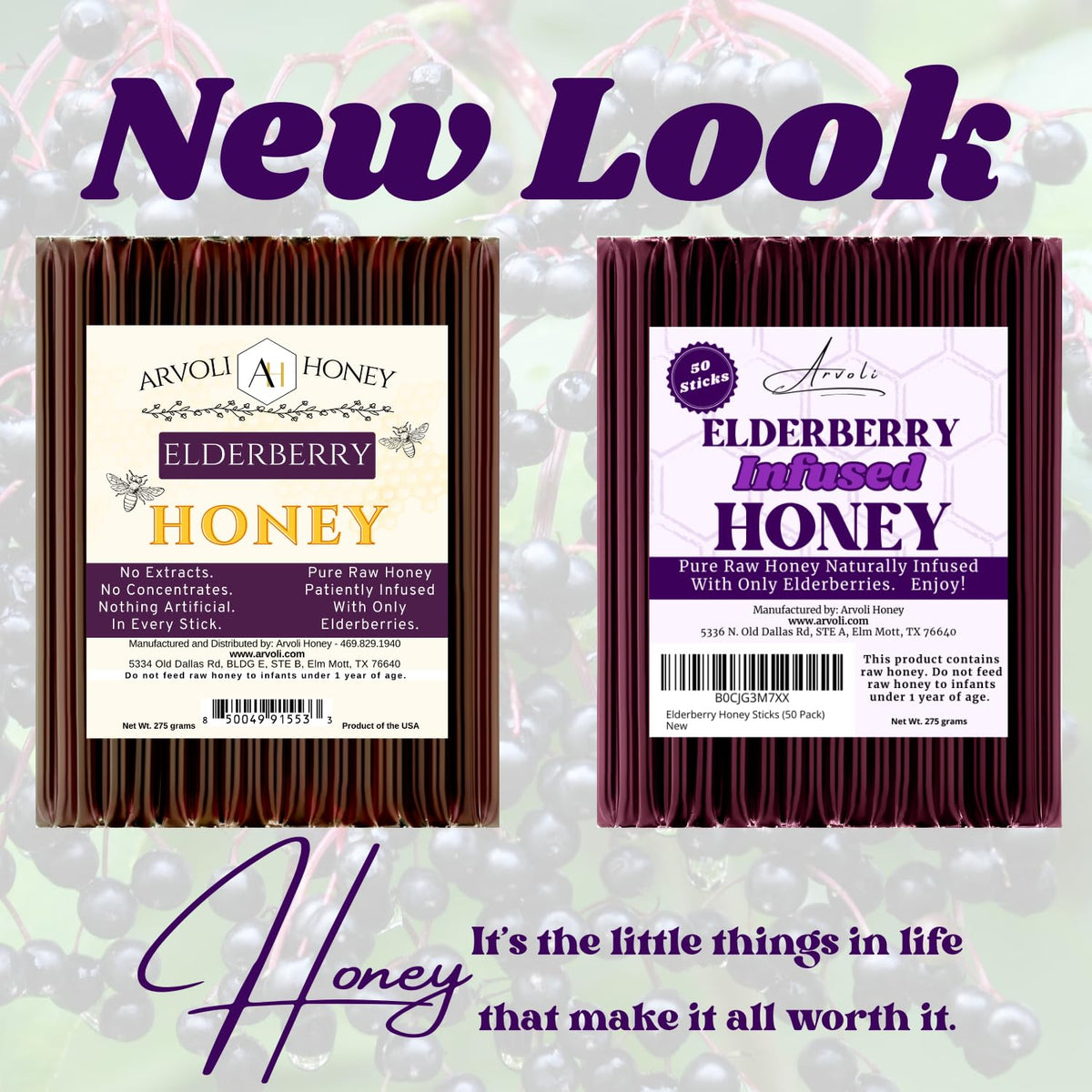 Arvoli Elderberry Honey Sticks for Tea - 50 Pack - Infused Honey with Whole Elderberries - Healthy All Natural Immune Boosters for Adults and Kids - Immune Support