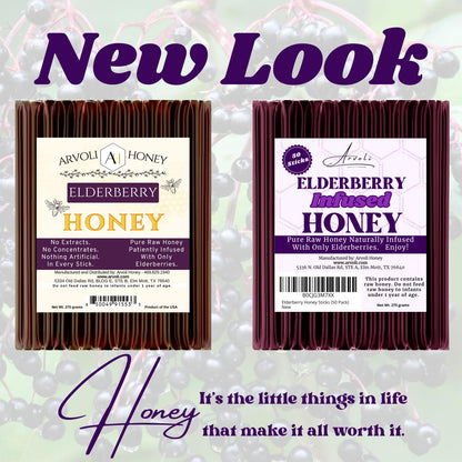 Arvoli Elderberry Honey Sticks for Tea - 50 Pack - Infused Honey with Whole Elderberries - Healthy All Natural Immune Boosters for Adults and Kids - Immune Support