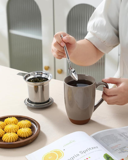 MALACASA Ceramic Tea Mug with Lid and Stainless Steel Infuser, 18 oz Large Tea Cup for Loose Leaf Tea, Heat-Resistant, Microwave & Dishwasher Safe, Speckled Glaze Coffee & Tea Brewer Mug, Khaki White