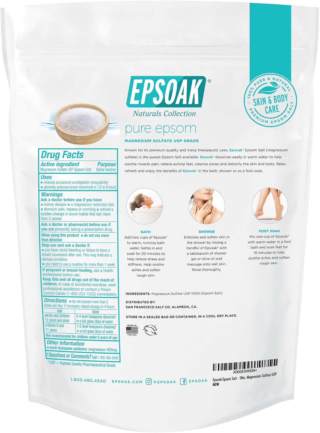 Epsoak Epsom Salt 38 lb. Magnesium Sulfate USP. (Qty. 2 x 19 lb. Bags) Resealable Epsom Salt Bag Unscented, Made in The USA, Cruelty-Free Certified