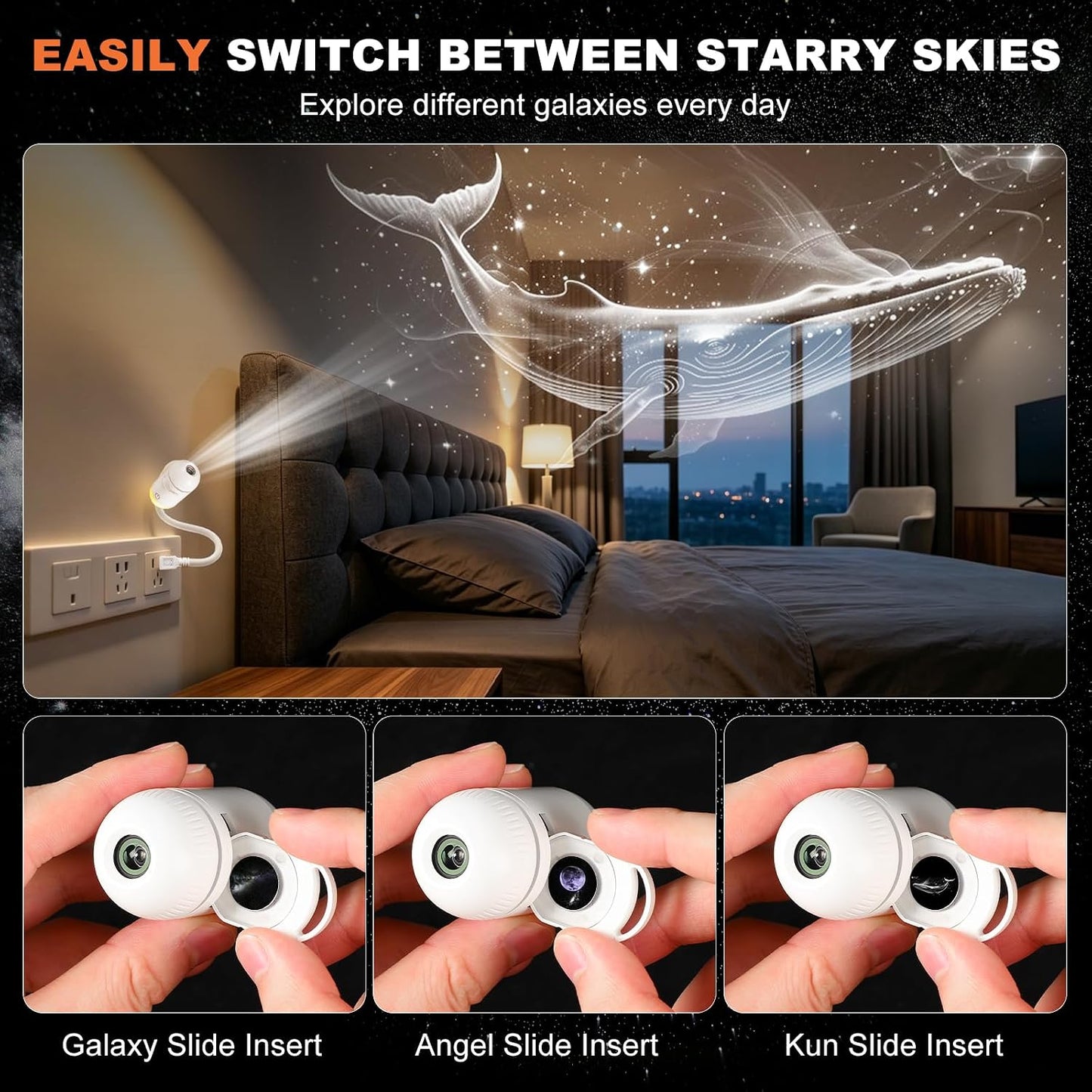 2-in-1 Galaxy Projector Night Light, USB Starry Sky Night Light Projector with Adjustable Brightness, Mini LED Ceiling/Wall Projection Lamp with 360° Rotation for Ceiling Wall Room Decor (6 Slides)