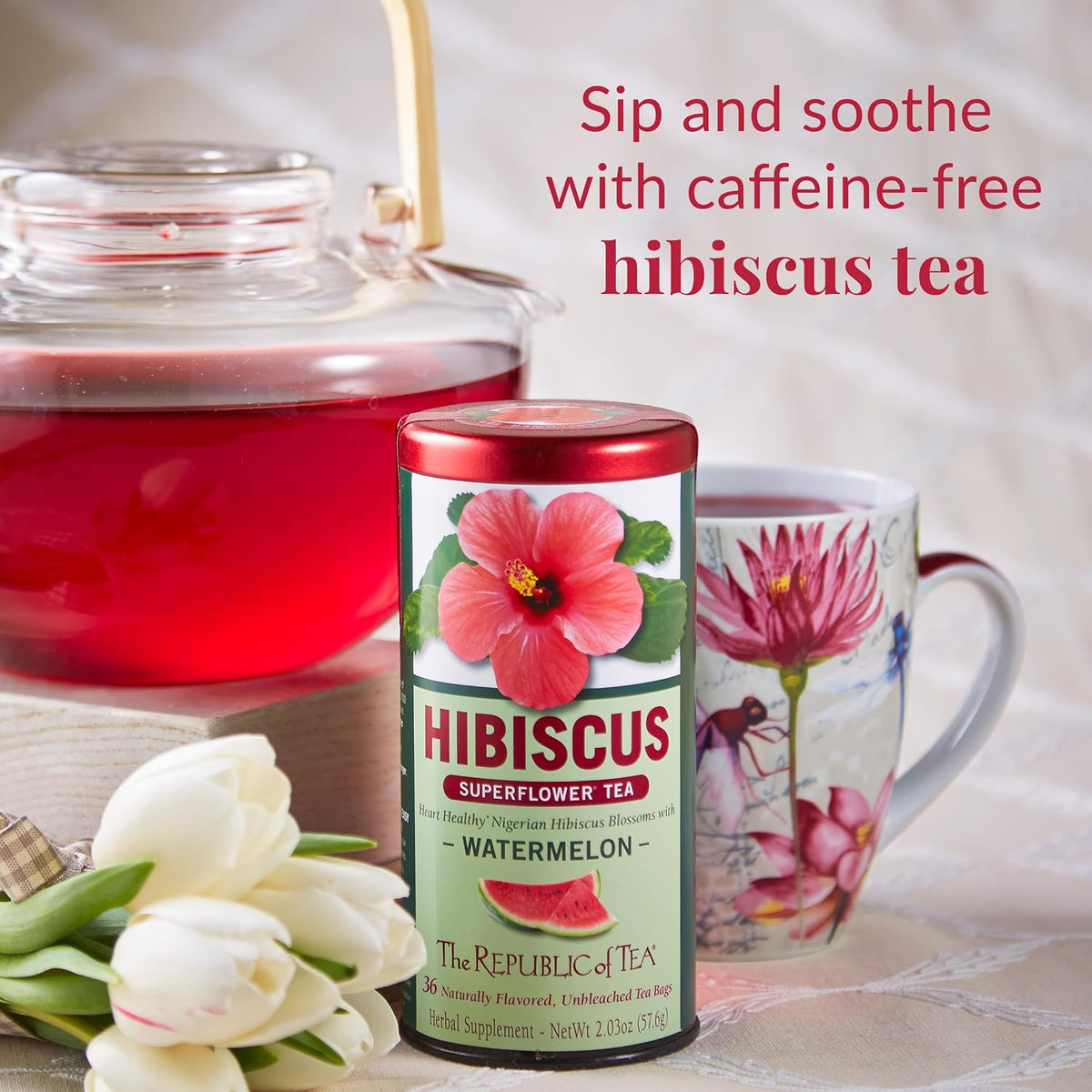The Republic of Tea Hibiscus Watermelon Herbal Tea, Caffeine Free, 36 Count