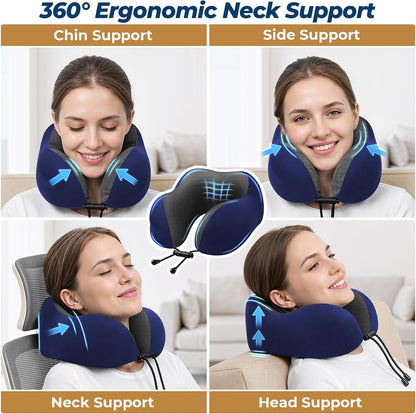 ExploreBliss Travel Pillow, Travel Pillows for Sleeping Airplane, Neck Pillow Airplane, Memory Foam Neck Pillow Set with Eye Mask, Earplugs and Storage Bag -Grey