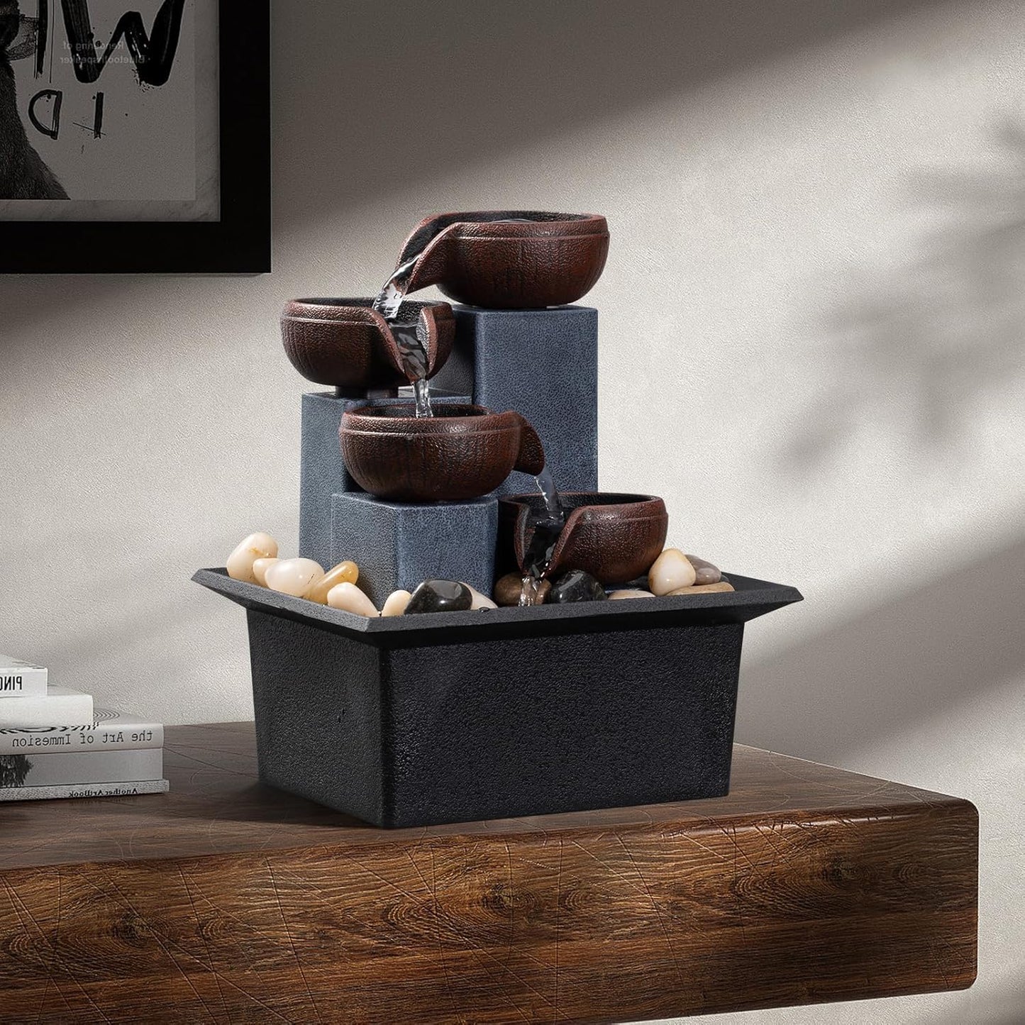 Tabletop Fountain 4 Level Small Waterfall Fountain Indoor Relaxing Water Feature Meditation Fountain for Home Office Bedroom Decoration Including LED Lighting Natural Rocks as Festival Gifts