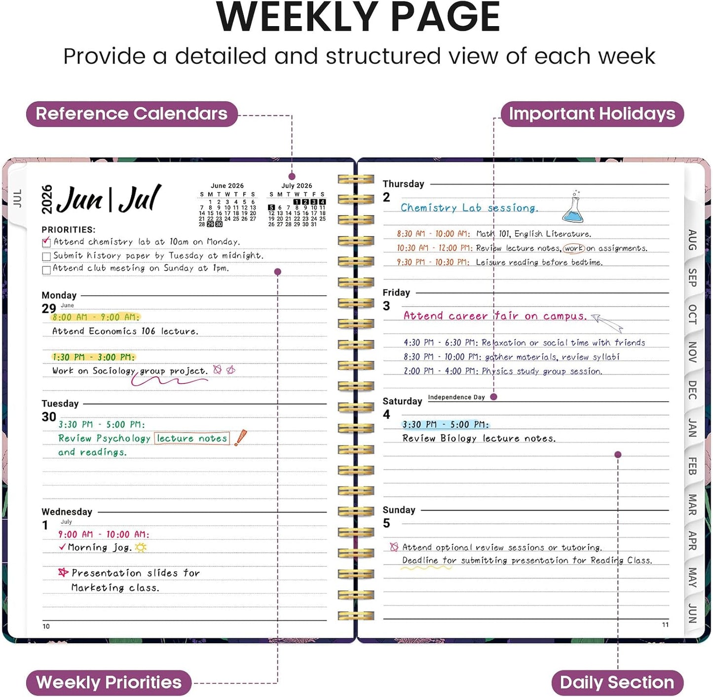 Planner 2026-2027, Academic Monthly and Weekly Calendar Planner for Women, July 2026 - June 2027, Hardcover Pretty Agenda Planner Book with Tabs, Spiral Daily Organizer for School Office Home Supplies, 6.3" x 8.5" - Blue Floral