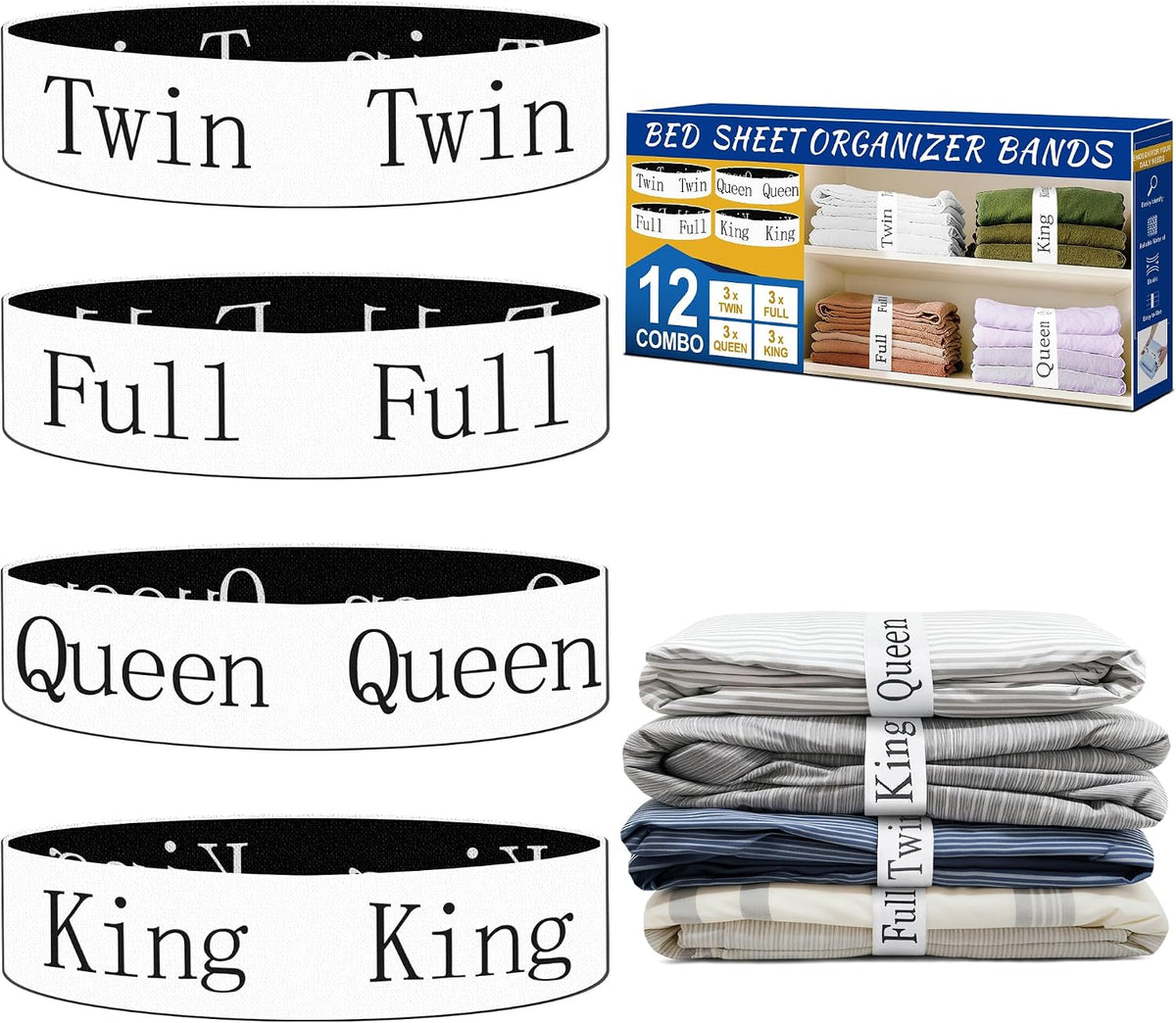 20 Pack Elastic Bed Sheet Organizer Bands with Size Labels，Elastic Bedding Band Labels for Organizing Bed Sheets with Assorted Sizes
