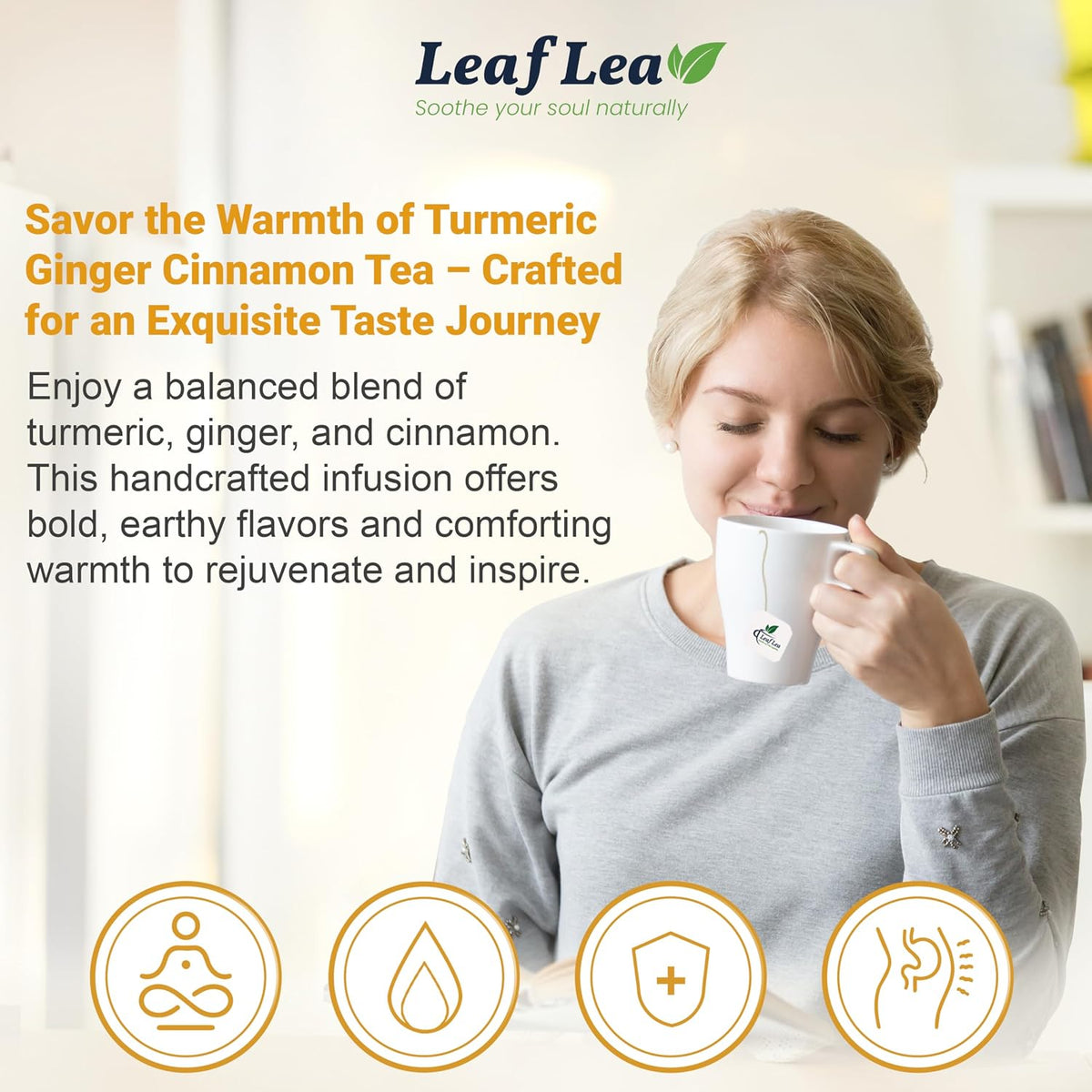 LeafLea Turmeric Ginger Cinnamon Tea Bags, 40 Ct Caffeine-Free Herbal Tea