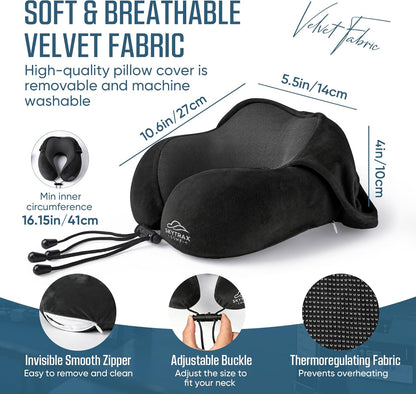 SkytraxComf® Travel Neck Pillow with Hood for Privacy on Long Flights | Memory Foam | Airplane Sleep | Safety-Tested Materials | Extra Large Hood | Chin Support | Earplugs | Washable Cover