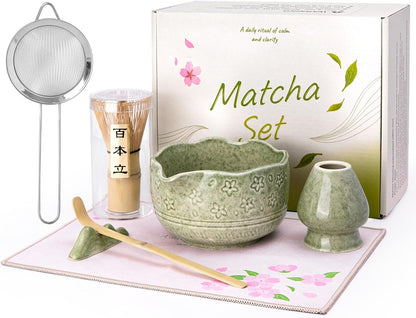 ALBISS Matcha Whisk Set - 7 Pcs Ceramic Matcha Kit with 18oz Spout Bowl & Cherry Blossom Design, Bamboo Whisk & Holder, Scoop, Rest, Sifter, Towel, Elegant Japanese Tea Gift Set for Macha Lover, Green