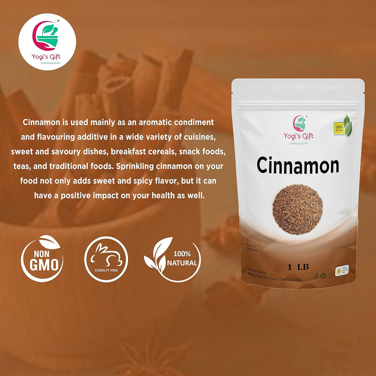 Yogi's Gift Crushed Cinnamon Bark 1 lb, Premium Chips for Tea & Cooking