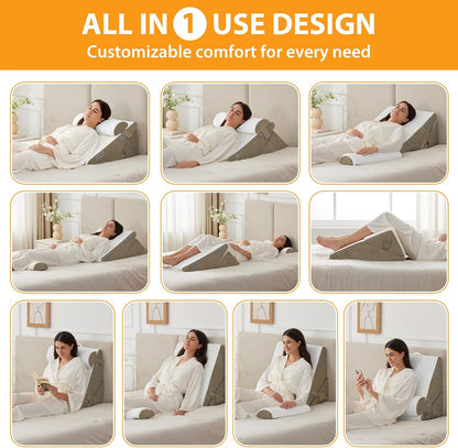 Ruqmuis Wedge Pillow Set for After Surgery, 3PCS Adjustable 9&12 Inch Bed Wedge Pillow for Sleeping, Incline Pillow Wedge for Headboard, Post Surgery, Acid Reflux, Neck&Back Support, White/Grey