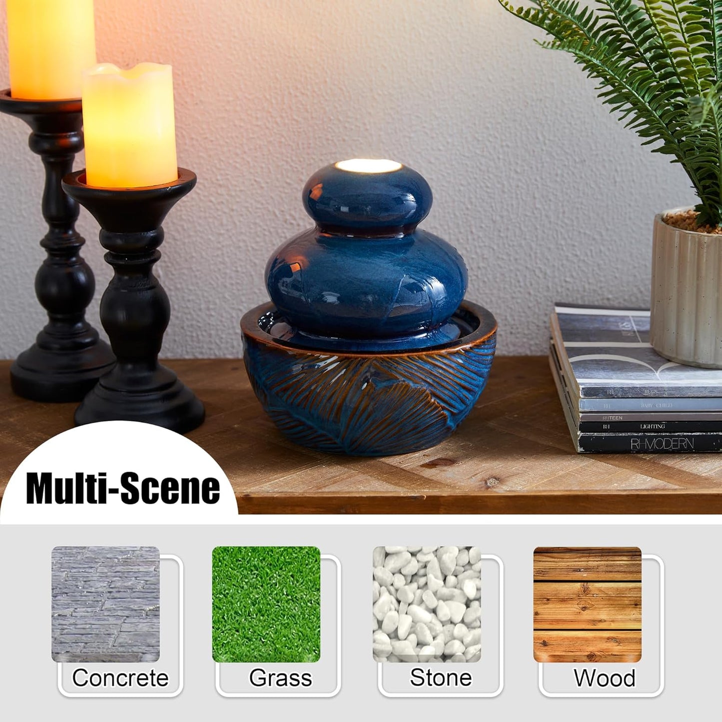 Glitzhome Ceramic Tabletop Tiered Water Fountain with Pump and LED Light 8.75'' Turquoise Leaf Textured Water Fountain Zen Decor for Indoor and Home Decoration Table Desk Office Patio