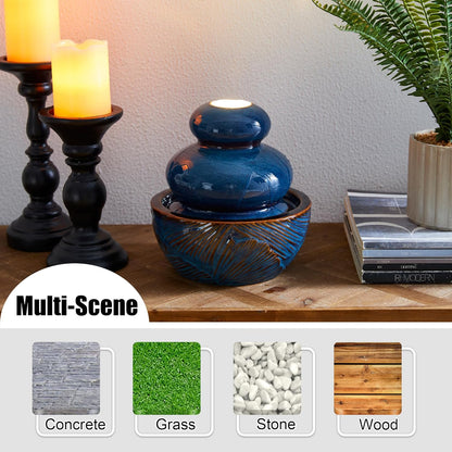 Glitzhome Ceramic Tabletop Tiered Water Fountain with Pump and LED Light 8.75'' Turquoise Leaf Textured Water Fountain Zen Decor for Indoor and Home Decoration Table Desk Office Patio