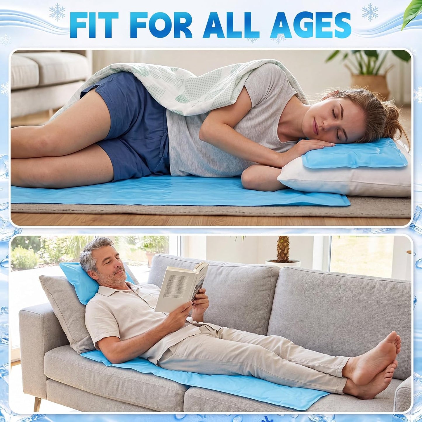 Novabright 2 Pcs Cooling Pad with Pillow Set Cold Mat Gel for Bed 47'' x 28'' Cooling Mattress Pad for Night Sweats, Hot Sleepers, Hot Flashes, Pain Relief, Summer Supplies(Simple,Sky Blue)