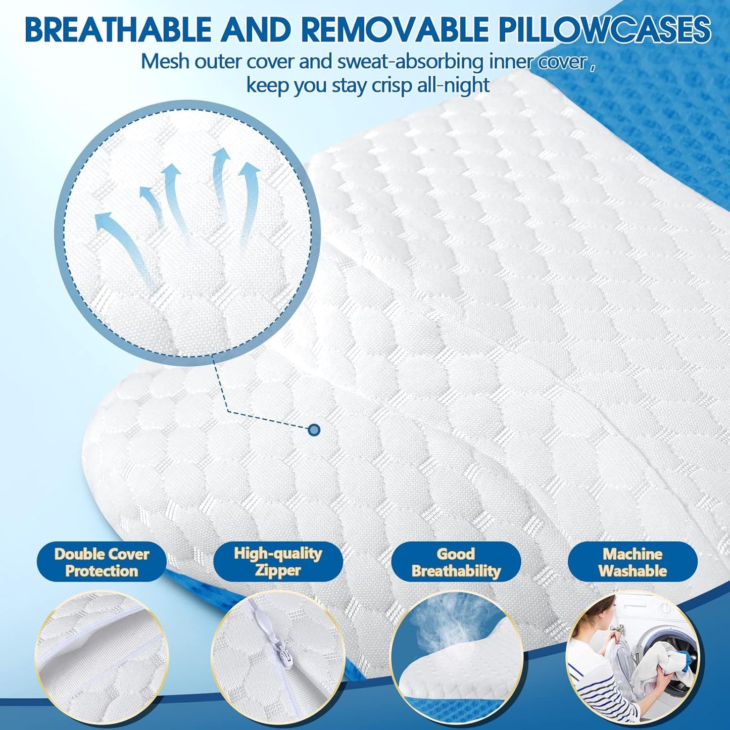 CHxxy Cervical Neck Pillow for Pain Relief Sleeping, Memory Foam Pillows, Ergonomic Side Sleeper Pillows, Cooling Orthopedic Neck Support Pillow for Back Stomach Sleepers-Queen Size Grey&Grey