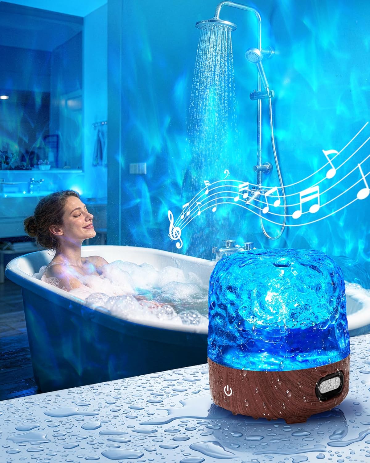 Waterproof Shower Lamp, 16 Colors Ocean Wave Effect Projector Light with Bluetooth Music Speaker for Bedroom Relaxing Shower