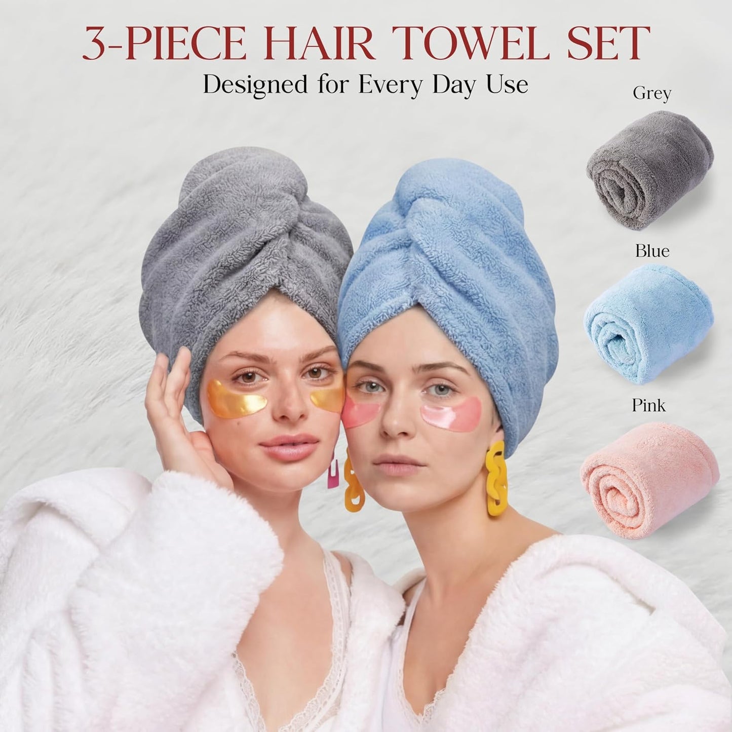 3 Pack Microfiber Hair Towel Wrap for Women 26 x 10 in | Hair Drying Towel with Button |Hair Turban Towel Quick Dry Coral Fleece Head Towels (Pink + Blue + Grey)
