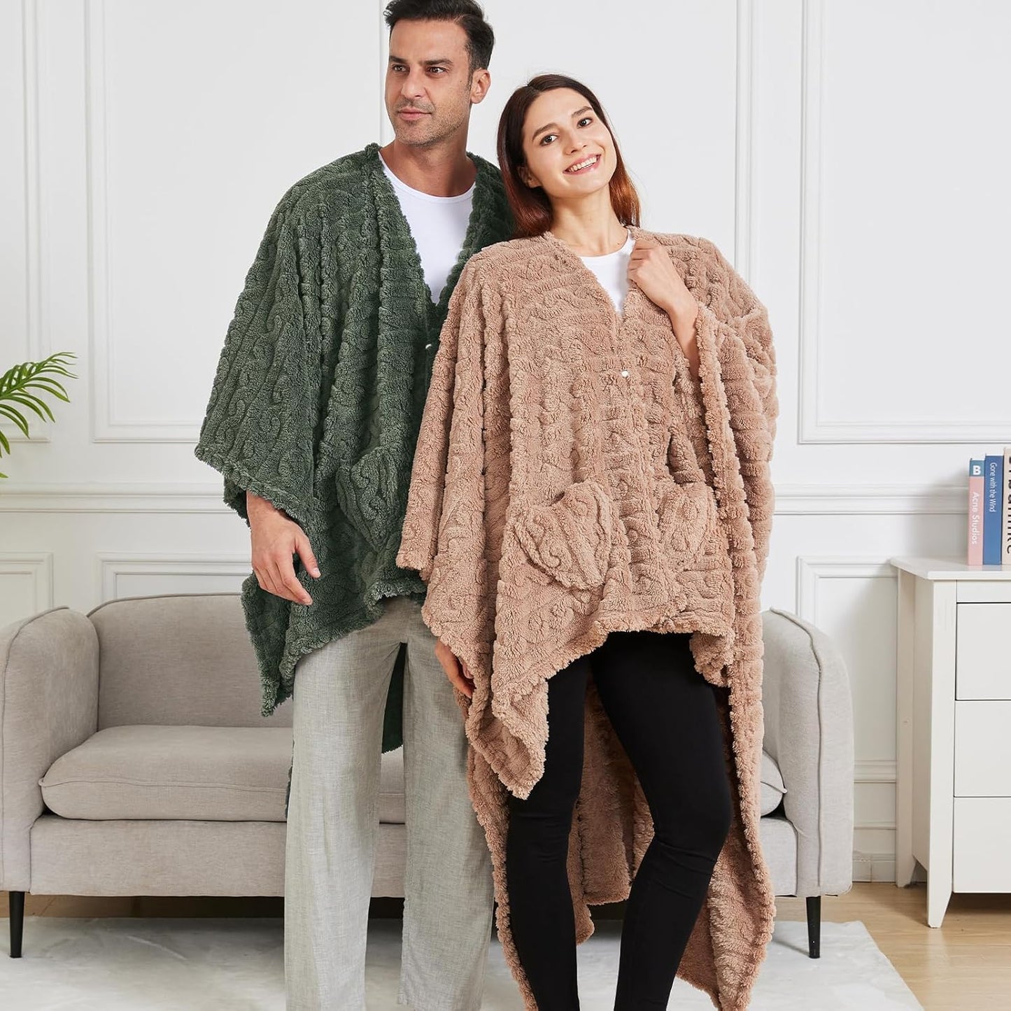 Wearable Blanket Poncho Cape Wrap for Adult, Cozy Sherpa Fleece Pocketed Shawl TV Throw Blankets for Office and Lounge(Purple,58'' x 64'')