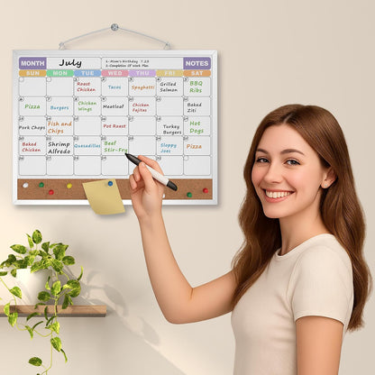 Monthly Calendar Dry Erase Board 16x12 Inch, Double-Sided Whiteboard and Corkboard Combo, Wall Mounted Planner Organizer with Markers, Magnets, Push Pins, Eraser, for Home Office School