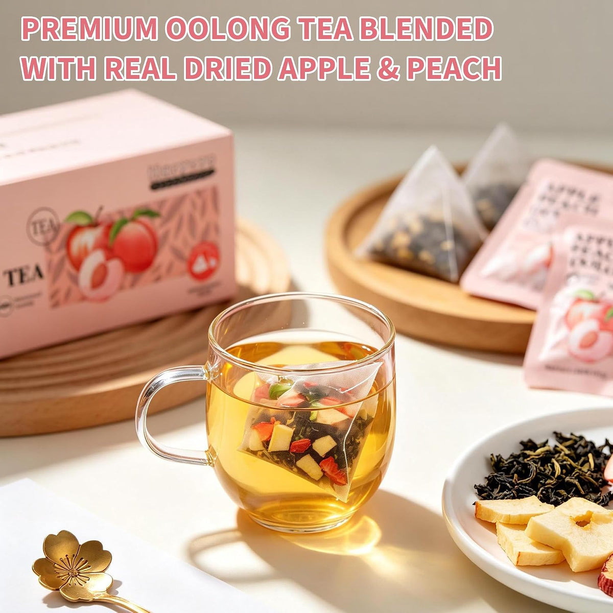 HAOYOYO Apple Peach Oolong Tea Bags, Fruity Oolong Tea, 20 Pyramid Tea Bags (4g Each), Smooth Floral Tea