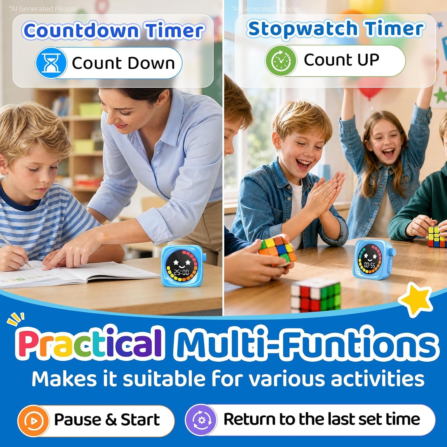 Visual Timer for Kids, 99 Minute Digital Cute Kids Visual Timer Classroom Timer for Homeschool Supplies Study Teaching Time Management Tool Countdown Productivity Timer, White, Colorful Display