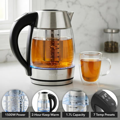 OVENTE 1.8L Glass Electric Kettle with Tea Infuser, Silver KGD752S