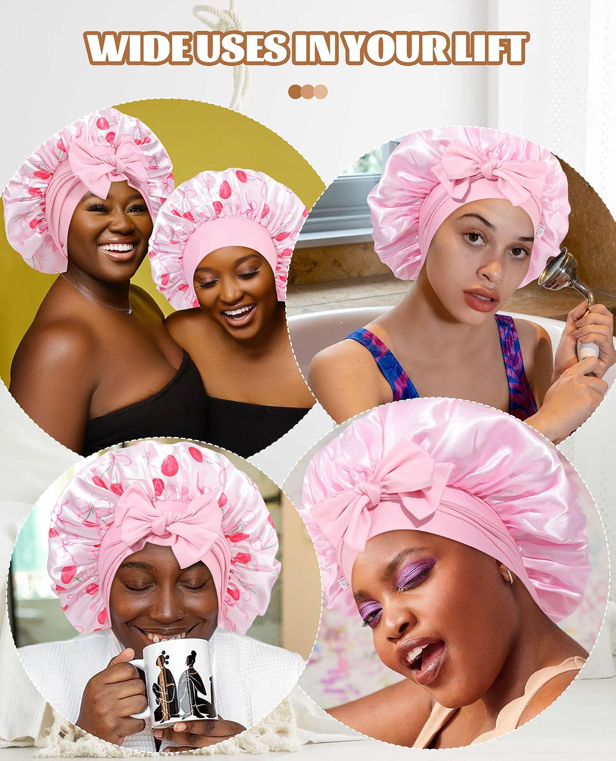 Satin Bonnet for Sleeping Cap Double Layer Hair Bonnet with Elastic Tie Band for Curly Hair Night Cap (Bean Paste + Pink)