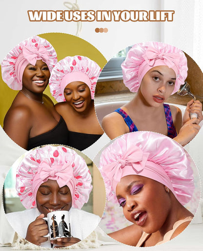 Satin Bonnet for Sleeping Cap Double Layer Hair Bonnet with Elastic Tie Band for Curly Hair Night Cap (Bean Paste + Pink)