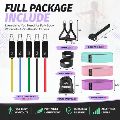 WHATAFIT Resistance Bands, Exercise Bands, Workout Bands with Handles, Door Anchor and Ankle Straps, 5 Resistance Levels Fitness Bands for Strength Training, Physical Therapy, and Home Gym Equipment