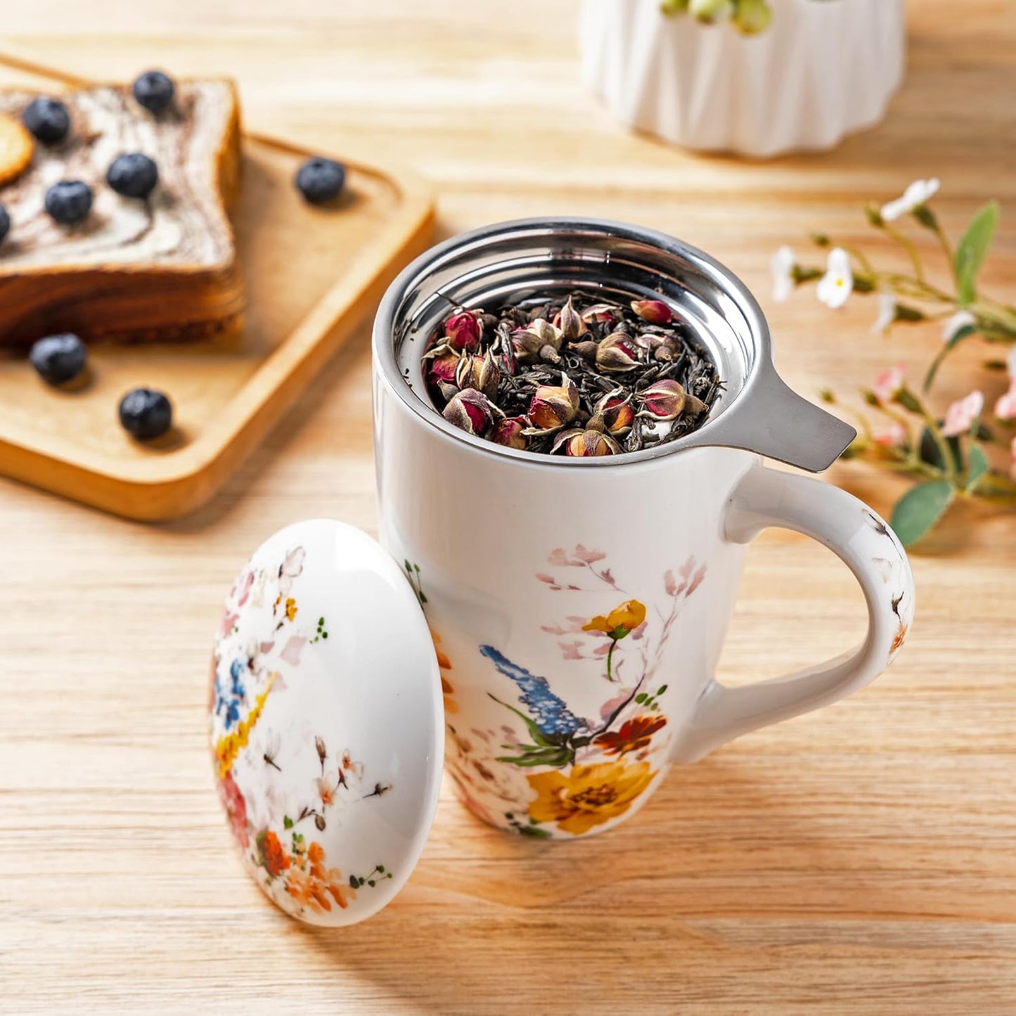GBhome Tea Mug with Infuser and Lid, 18 Ounce Large Ceramic Loose Leaf Cup, Microwave, Dishwasher Safe, Perfect for Tea Lovers