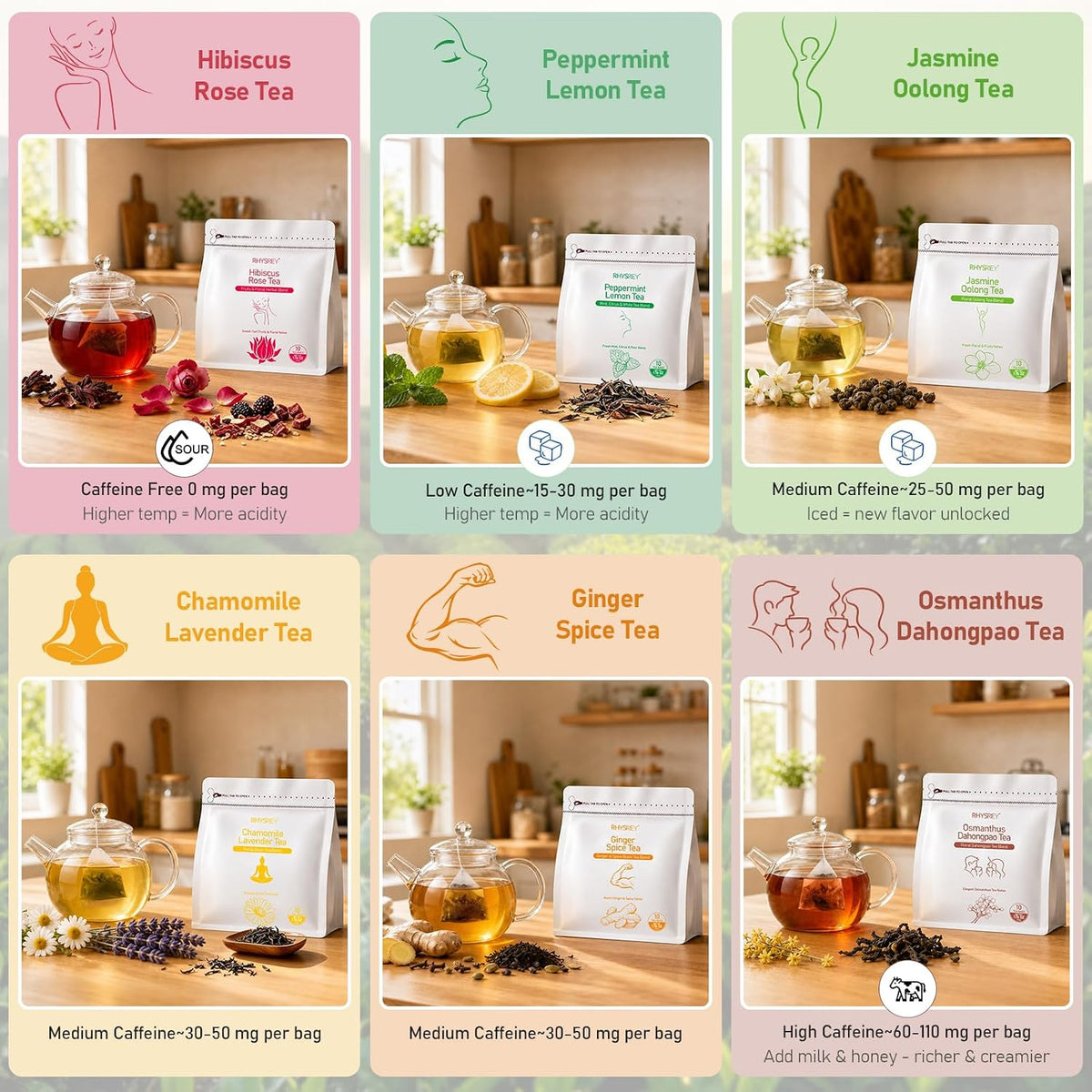 RHYSRIEY Real Leaves Herbal Tea, 60 Tea Bags Variety Pack, Gift Sampler