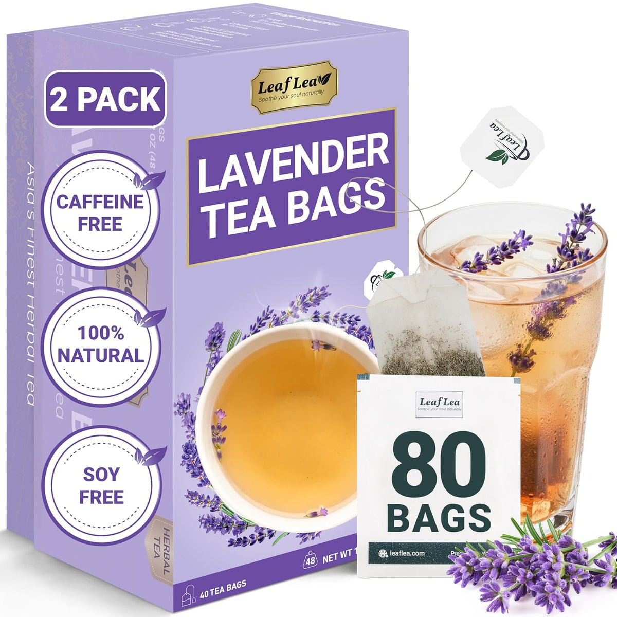 LeafLea Lavender Tea Bags, Calming Lavender Herbal Tea, 80 Count Pack of 2