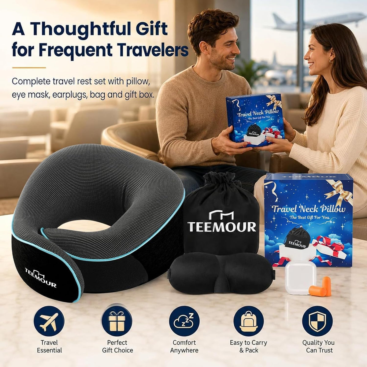 Travel Pillow Neck Pillow for Airplane Travel Essentials - Memory Foam Travel Neck Pillow, Stops Head Bobbing With Eye Mask & Earplugs, Portable Carry Bag for Long Flights| Airplane Accessories Black