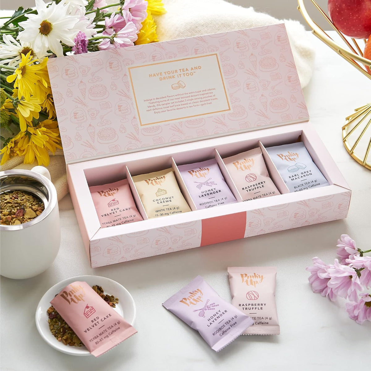 Pinky Up Loose Leaf Tea Sampler Set - Calorie Free Single Serving Loose Leaf Herbal Tea Variety Gift Pack, 15 Pouches