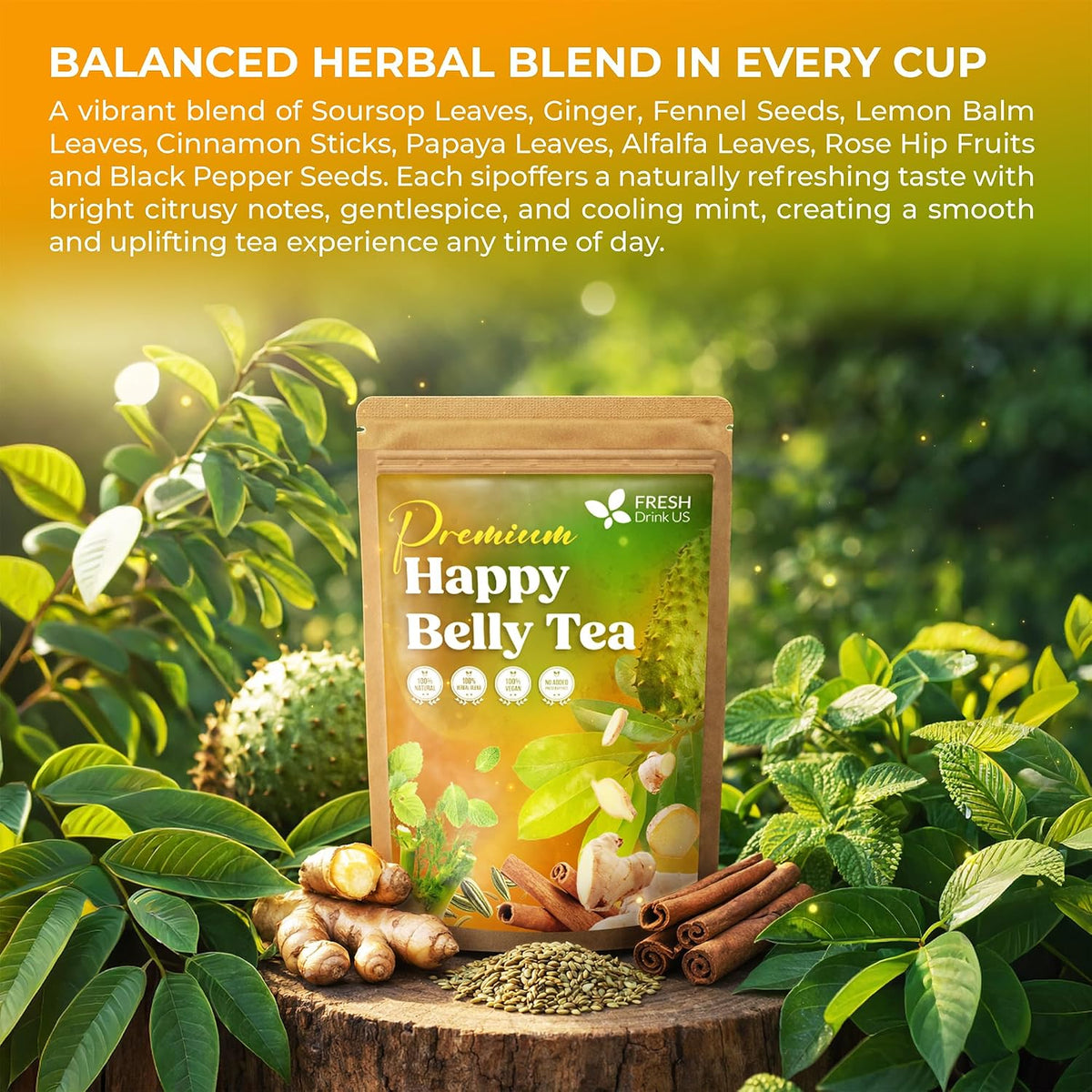 FreshDrinkUS, Premium Happy Belly Tea, 75 Count, Caffeine Free Infusion