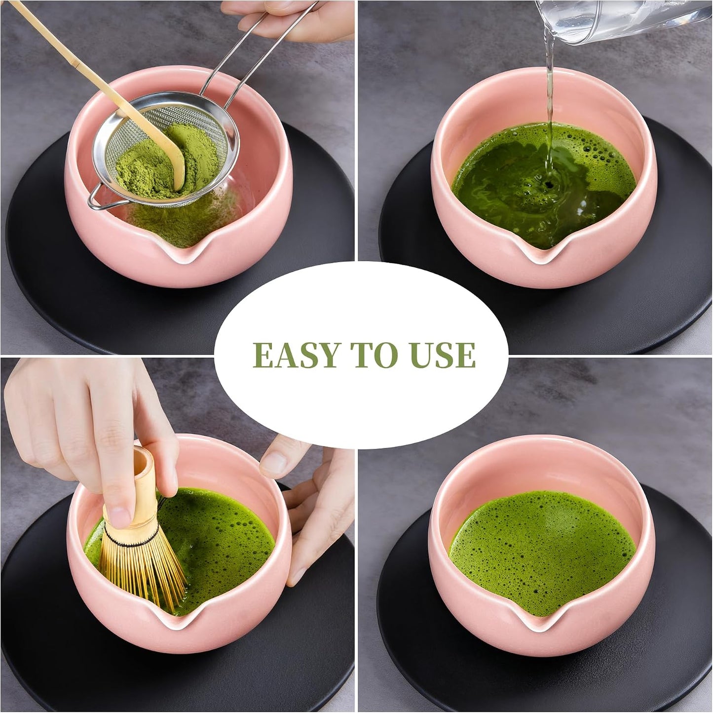 YIBO Matcha Whisk Set With Bowl, Ceramic Matcha Making Kit Includes Bamboo Whisk (Chasen), Holder Stand, Powder Starter Sifter, Scoop, Measuring Spoon & Cup Tea Tools For Ceremony (Mottled Green)