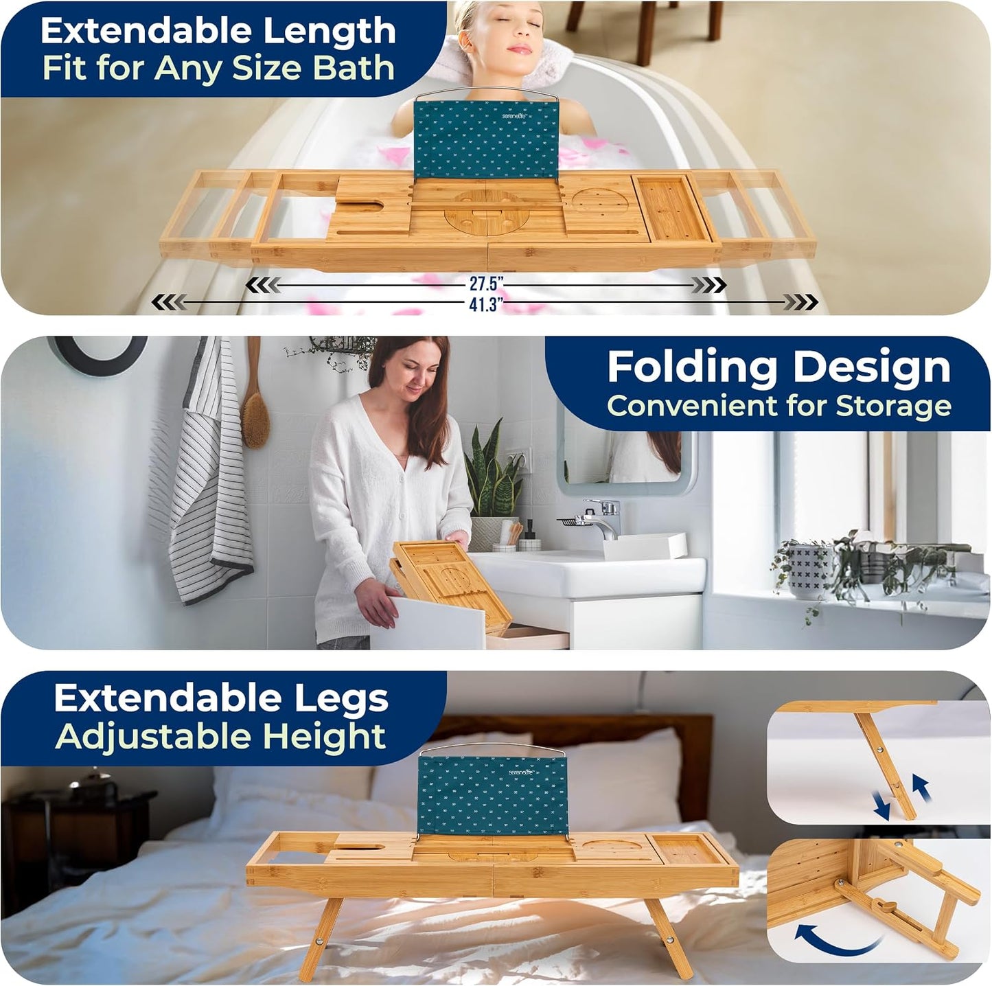 SereneLife Bath Caddy Breakfast Tray Combo - Natural Bamboo Wood Waterproof Tub and Bed with Folding Slide-Out Arms, Device Grooves, Wine Glass Soap Holder