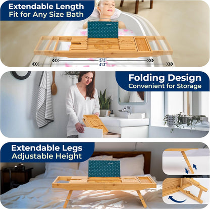 SereneLife Bath Caddy Breakfast Tray Combo - Natural Bamboo Wood Waterproof Tub and Bed with Folding Slide-Out Arms, Device Grooves, Wine Glass Soap Holder