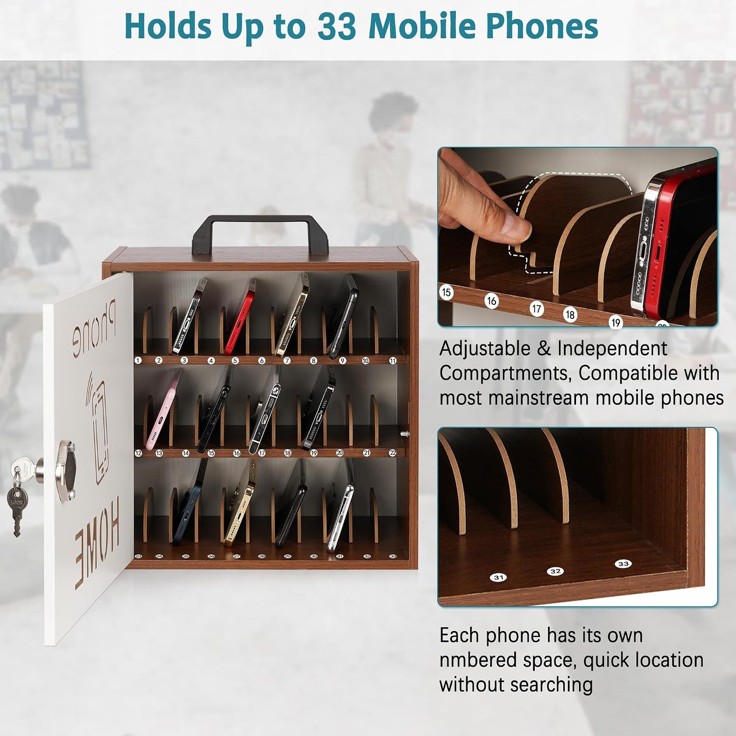 Wooden Phone Lock Box, Cell Phone Locker with 33 Adjustable Dividers | Phone Storage Cabinet with Security Lock & Handle, Desktop Phone Organizer for Classroom, Office & Repair Shops