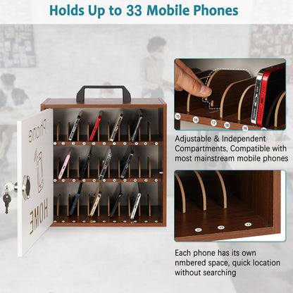 Wooden Phone Lock Box, Cell Phone Locker with 33 Adjustable Dividers | Phone Storage Cabinet with Security Lock & Handle, Desktop Phone Organizer for Classroom, Office & Repair Shops