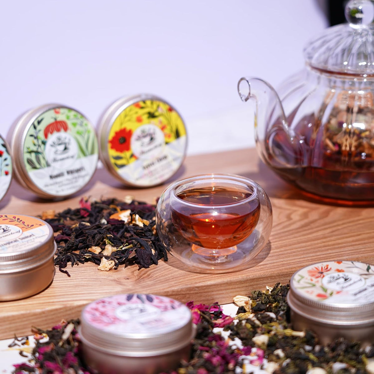 Tea Gift Set for Women - 6 Herbal Loose Leaf Tea Blends, Insulated Ceramic Cup with Infuser & Lid | Birthday, Mother's Day, Anniversary & Retirement Gift for Her