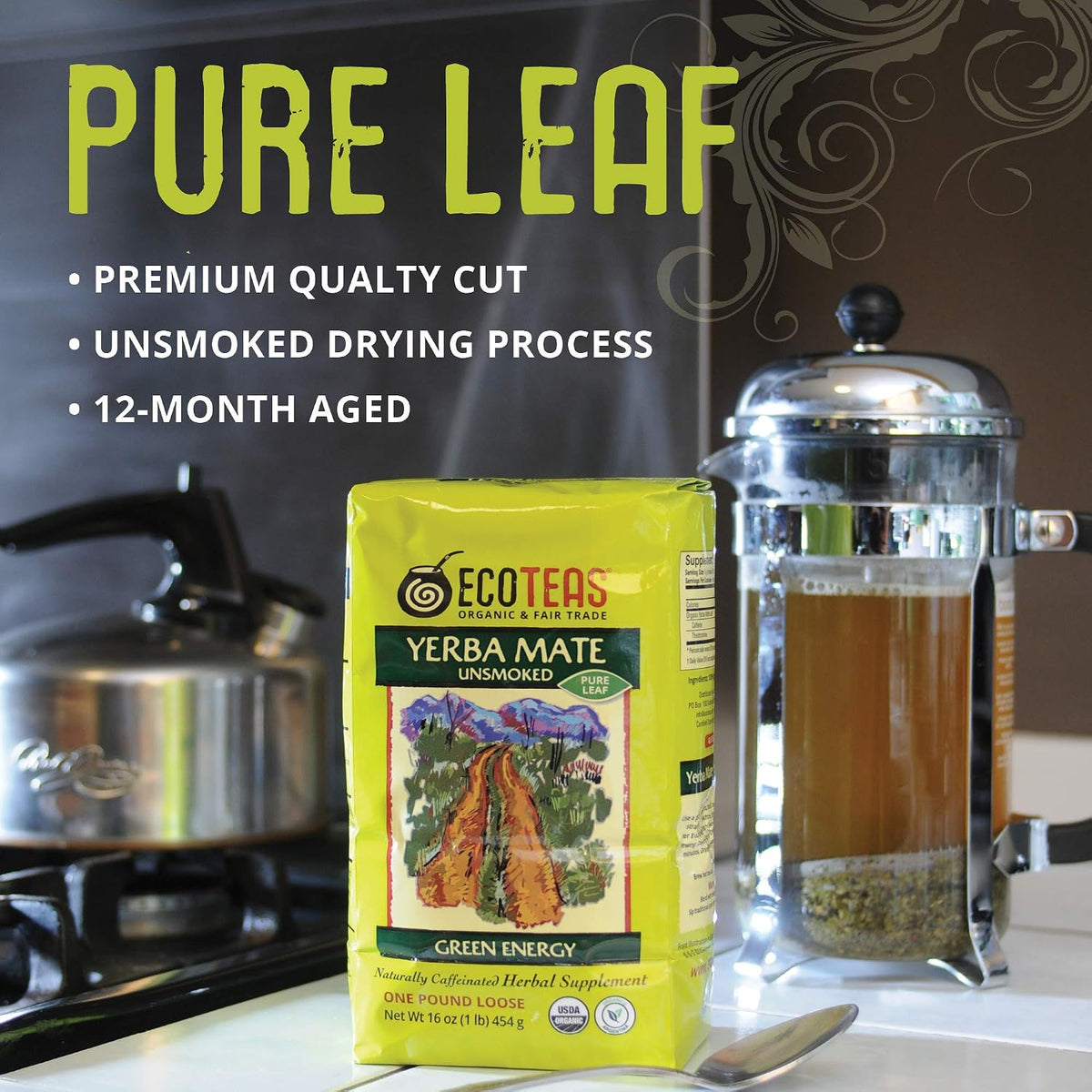 ECOTEAS Organic Yerba Mate Unsmoked Loose Tea Pure Leaf Cut 1 lb Pack of 1
