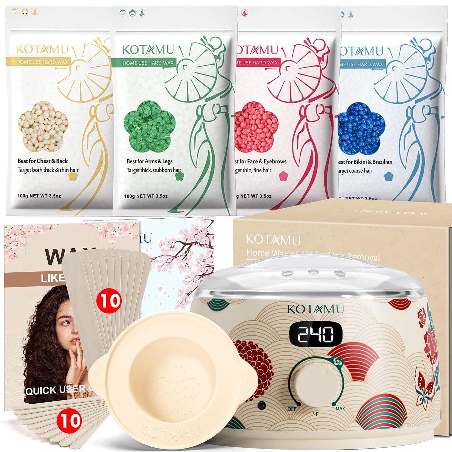 KOTAMU Waxing Kit for Women & Men, Pink Digital Wax Pot Warmer Hair Removal | Home Hard Wax Kit, Wax Machine, Face, Eyebrow, Bikini, Brazilian, Body, Sensitive Skin, 25 Accessories, Beginner-Friendly