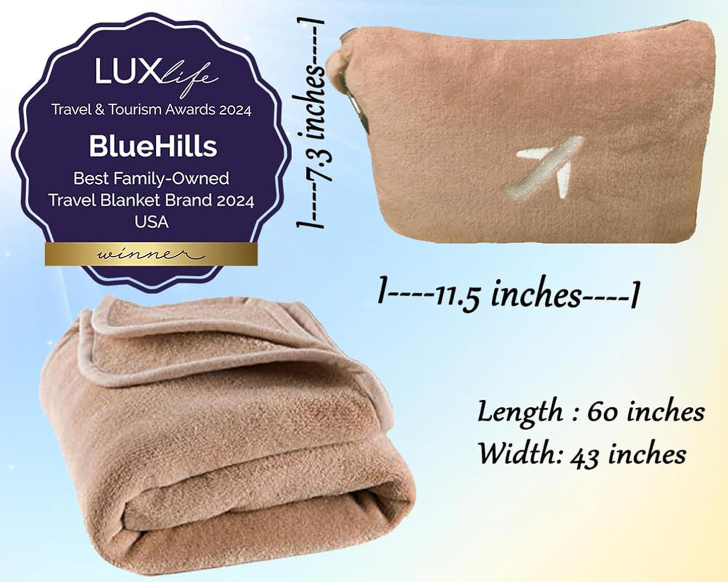 BlueHills Premium Soft Plush Mini Travel Blanket Pillow Plane 2 in 1 Gray