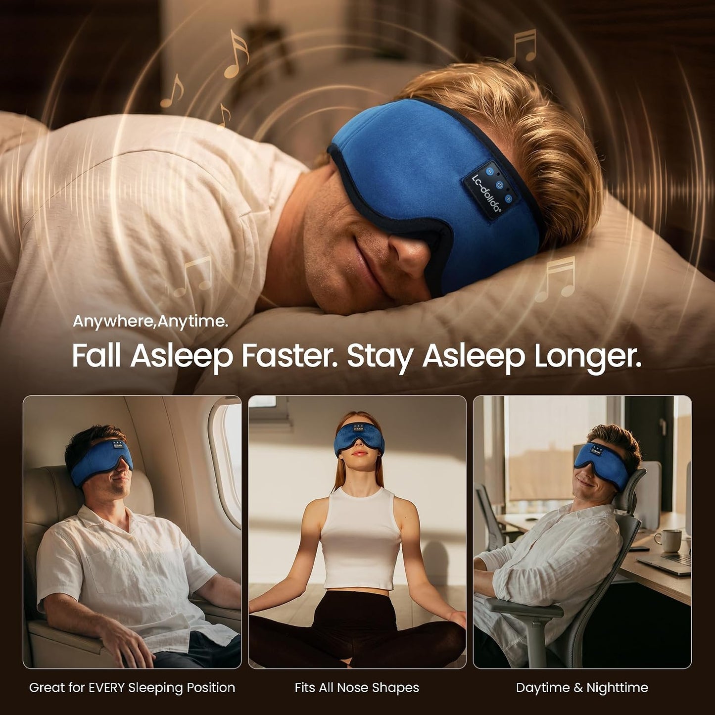 LC-dolida Sleep Headphones, 3D Sleep Mask Bluetooth Wireless Music Eye Mask, Sleeping Headphones for Side Sleepers Sleep Mask with Bluetooth Headphones Ultra-Thin Stereo Speakers Perfect for Sleeping
