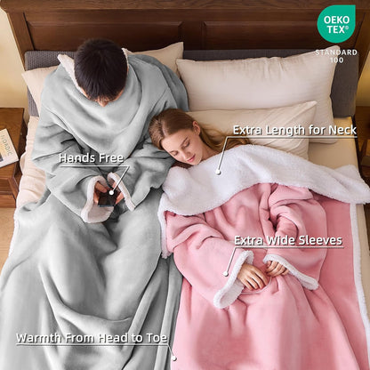 IFNOW Sherpa Wearable Blanket with Sleeves for Women Men Adults, Christmas Birthday Gifts for Women Mom Wife, Cozy Wearable Blanket with Arm and Pocket, Warm Full Body TV Wrap Throw Blanket, Grey