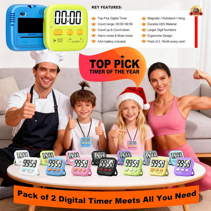 Antonki 2 Pack Digital Timer for Kids Classroom Kitchen Timers for Cooking