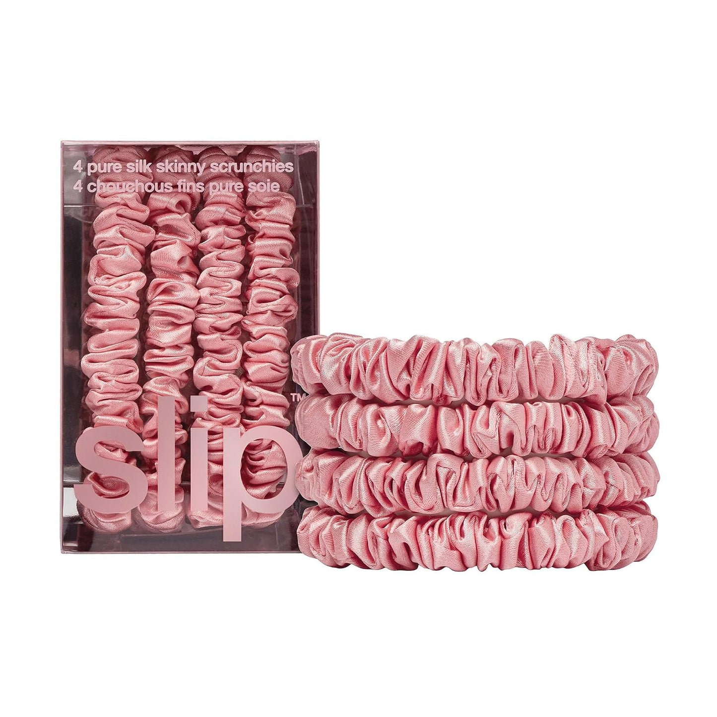 Slip Silk Hair Ties — Skinny Silk Black Scrunchies, No Damage, No Crease, Anti-Breakage |100% Mulberry Silk | All Hair Types | Made with Proprietary Slipsilk™ | Set of 4