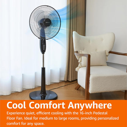 Amazon Basics 16" Pedestal Fan with Remote for Bedroom, Living Room, Office, Adjustable Height, Dual-Layered Blades, 3 Speeds, 3 Modes, Timer, Tilt Head, 60W, Black